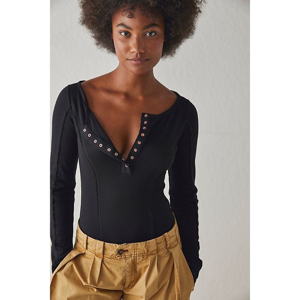 Intimately Free People Sloane Bodysuit Black Thermal Long Sleeve Large